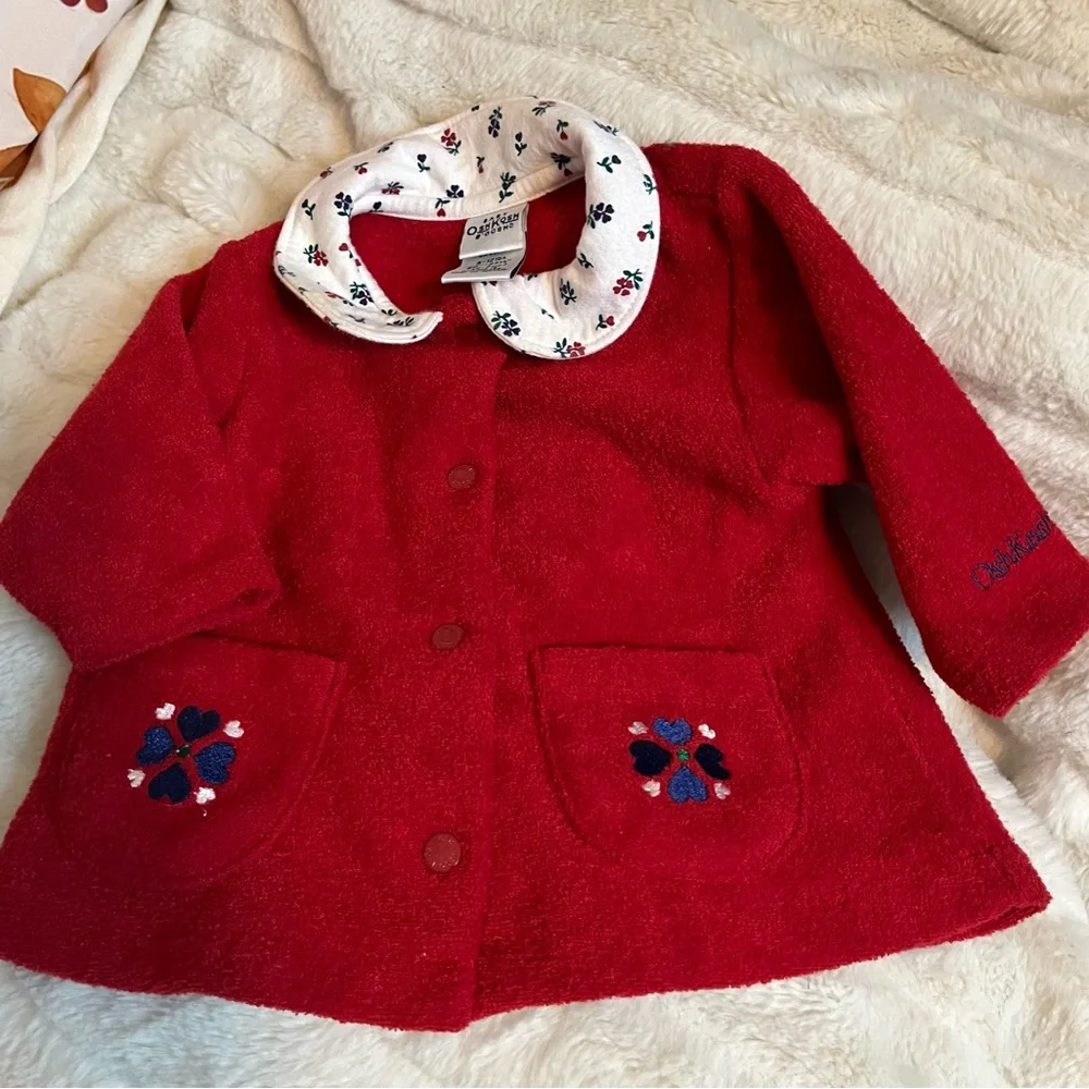 VTG 80s 90s Oshkosh Baby Infant Girls 0/3M Red Terry Cloth Snap Front Winter Top